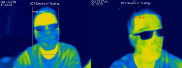 SASH警報器可從熱影像中偵測到佩戴了口罩及未有佩戴口罩的人臉。
 