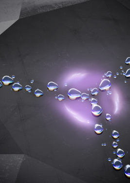 Artistic representation of trifurcated droplet motility atop a piezoelectric crystal surface

 