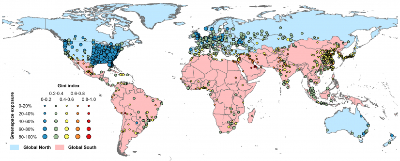 Greenspace exposure levels and the associated greenspace exposure inequalities measured by the Gini index for 1,028 cities globally