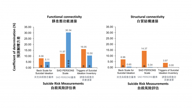 （圖二） 圖表展示了靜息態功能連接、白質結構連接和先進電腦演算方法（機器學習）在預測自殺風險方面的有效性，團隊採用了常見的自殺風險評估工具，如貝克自殺意念量表、SAD PERSONS量表和誘發自殺意念因素清單，來評估老年抑鬱症患者的自殺風險。垂直軸表示預測準確性，數字越大表示預測準確率越高。帶星號的柱狀圖表示預測具有顯著性。（橙色柱狀圖代表自殺風險的正向腦部連接，表示自殺風險分數越高，腦部連接越強。另一方面，藍色柱狀圖代表自殺風險的負向腦部連接，表示自殺風險分數越高，腦部連接越弱。）