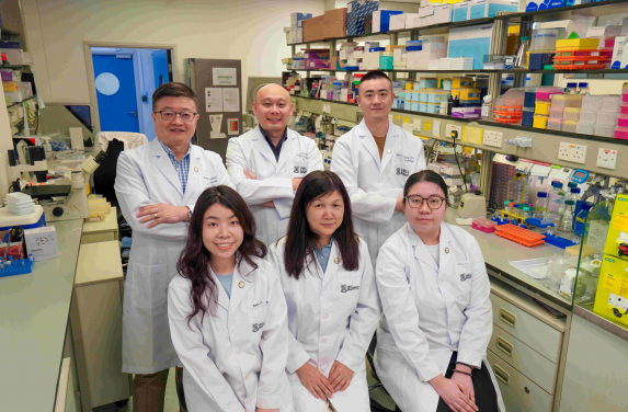 HKUMed-Tsinghua research team has developed MB-32, a first-in-class broad-spectrum small-molecule antiviral drug candidate, which effectively blocks infection by SARS-CoV-2 and its variants. The research is led by (from left, back row) Professor Chen Zhiwei, Professor Chu Hin and (middle front) Dr Liu Li.