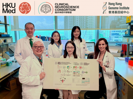 This study led by researchers from the Clinical Neuroscience Consortium and the Hong Kong Genome Institute achieves a major breakthrough in brain cancer research by developing the most comprehensive map to date of isoform diversity in glioblastoma. The study reveals a new source of potential therapeutic targets, including candidates that could be harnessed for future personalised cancer vaccines and immunotherapies. The research team members include Dr Aya El Helali (first right, front row), Dr Brian Chung Hon-yin (first left, front row) and Professor Gilberto Leung Ka-kit (first left, back row).